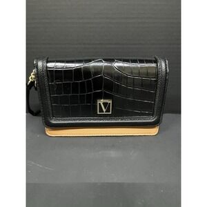 Victoria's Secret Black Croc Wallet Clutch‎ Wristlet Gold Chain Tan Interior